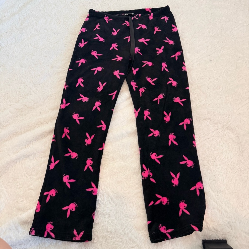 PLAYBOY Black Pajama Pants with Pink Bunny Print
